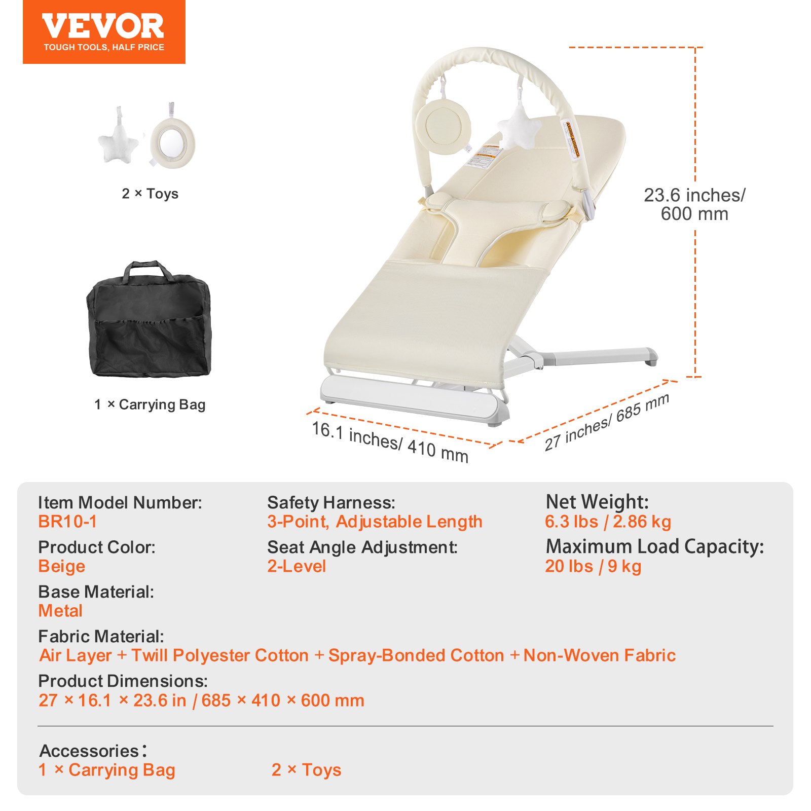 VEVOR Babywippe, klappbarer Wippensitz für Babys von 0–9 Monaten, Wippenstuhl mit 2 Liegewinkeln & drehbarem Spielzeugbügel, Babyschaukel mit Reisetasche für drinnen & draußen, 685x410x600mm Beige