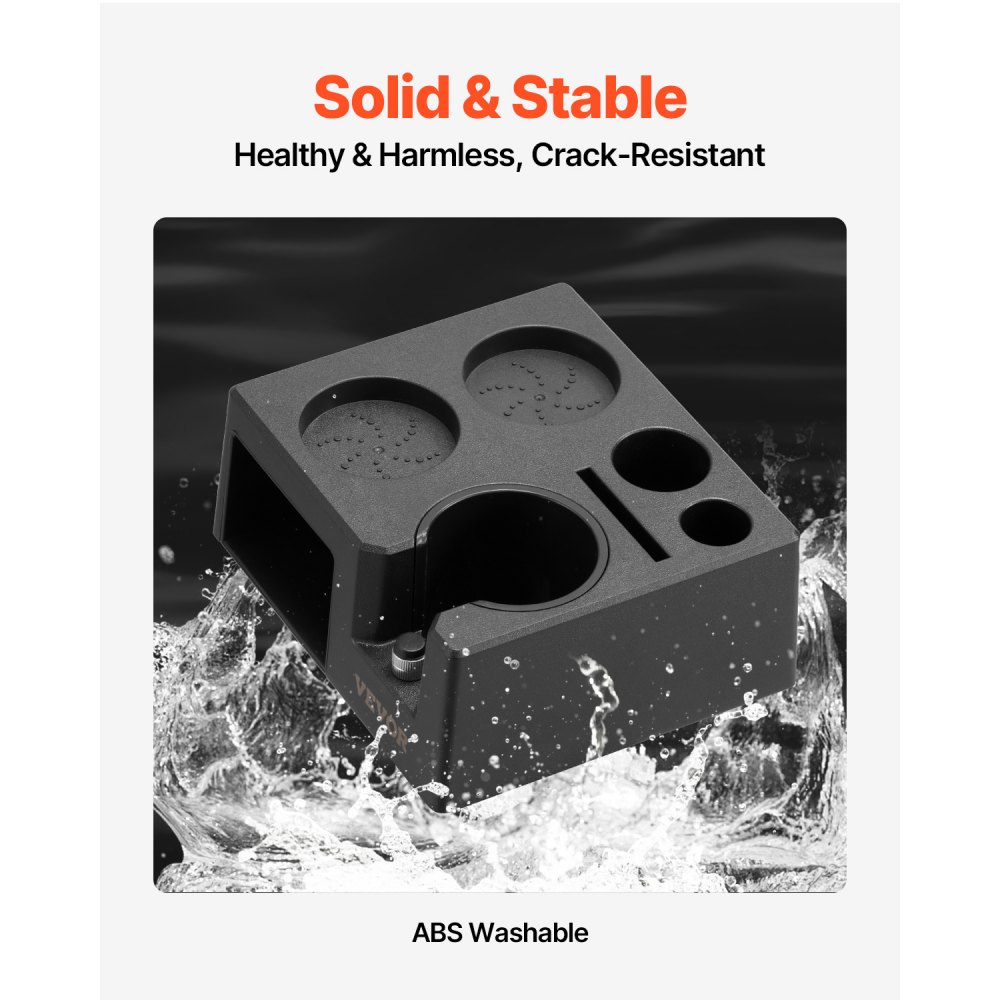 VEVOR Espresso-Stampfstation aus ABS, 7 in 1 Multifunktionale Stampfstation mit abnehmbarem Schlitz, Espresso-Abklopfbehälter mit rutschfester Basis, passend für 51-58 mm Griffe Schwarz