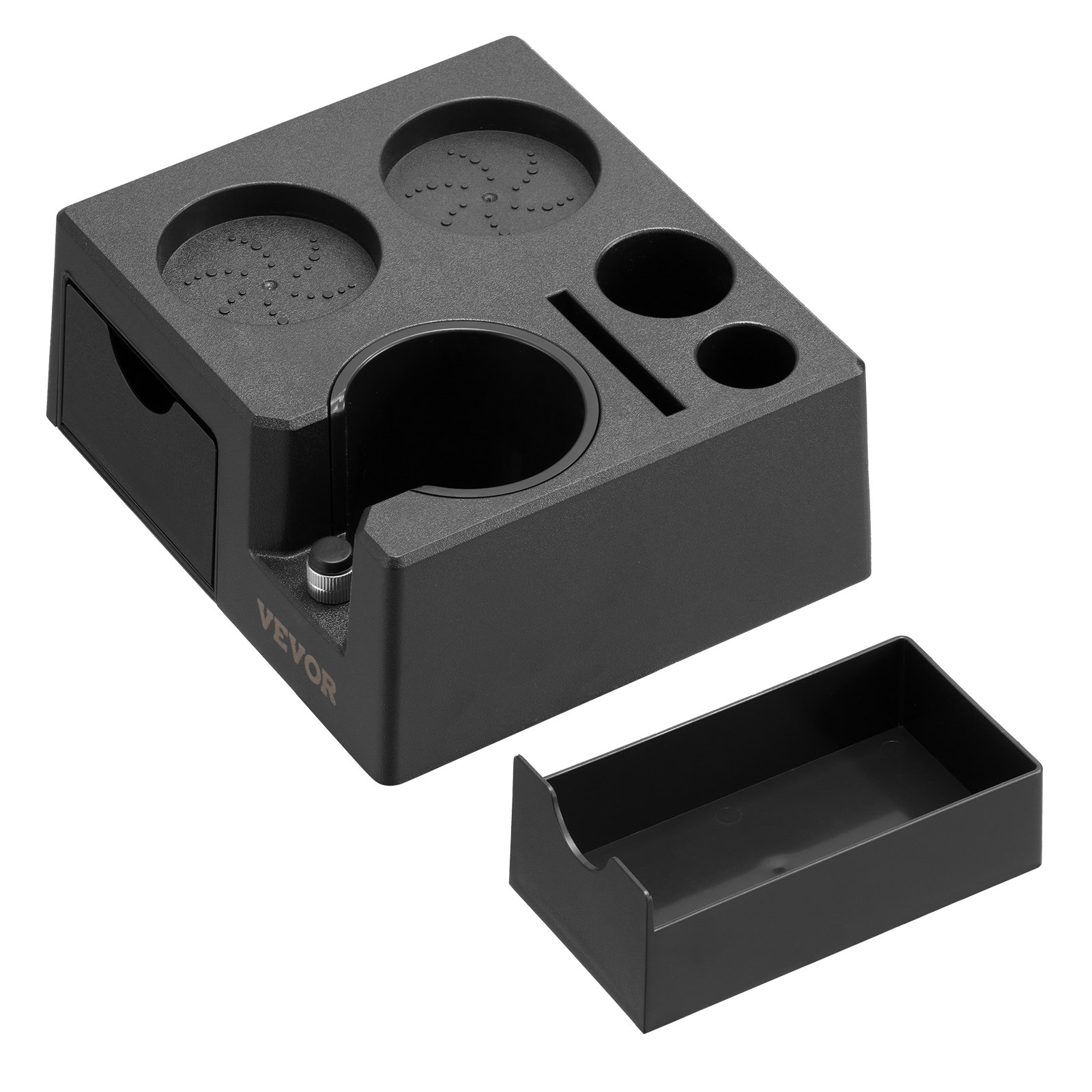VEVOR Espresso-Stampfstation aus ABS, 7 in 1 Multifunktionale Stampfstation mit abnehmbarem Schlitz, Espresso-Abklopfbehälter mit rutschfester Basis, passend für 51-58 mm Griffe Schwarz