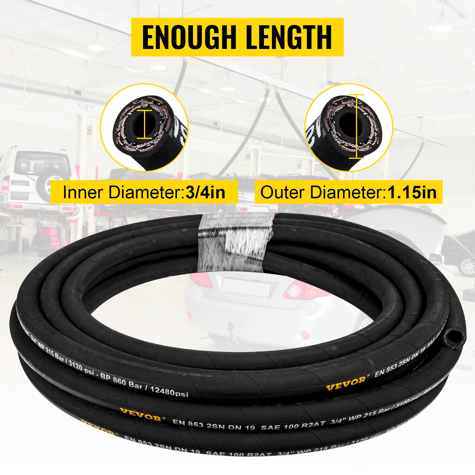VEVOR Hydraulic Hose 1.9 cm x 15.2 m, Wound Hydraulic Hose 3120 PSI, Rubber Hydraulic Hose with 2 High-Tensile Steel Wire Braids, Bulk Hydraulic Hose -20 ℃ to 140 ℃