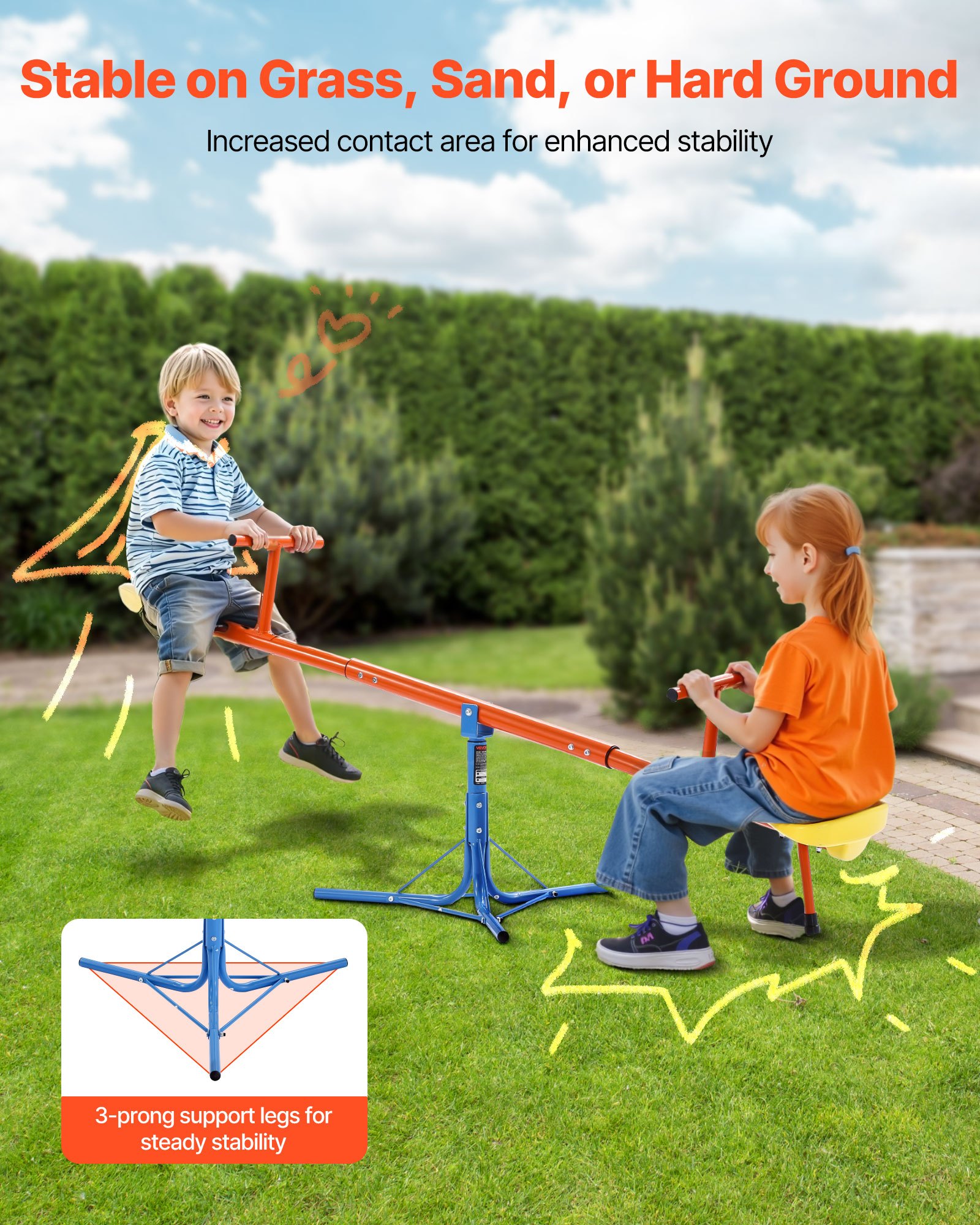 VEVOR Kinderwippe, 45,4 kg Tragkraft pro Sitz, Gartenwippe mit 3-zackigen Stützbeinen, Schaukelwippe, Karussellwippe, 360 Grad drehbar, Spielplatzgerät für Kinder ab 3 Jahren, 1905x620x660 mm