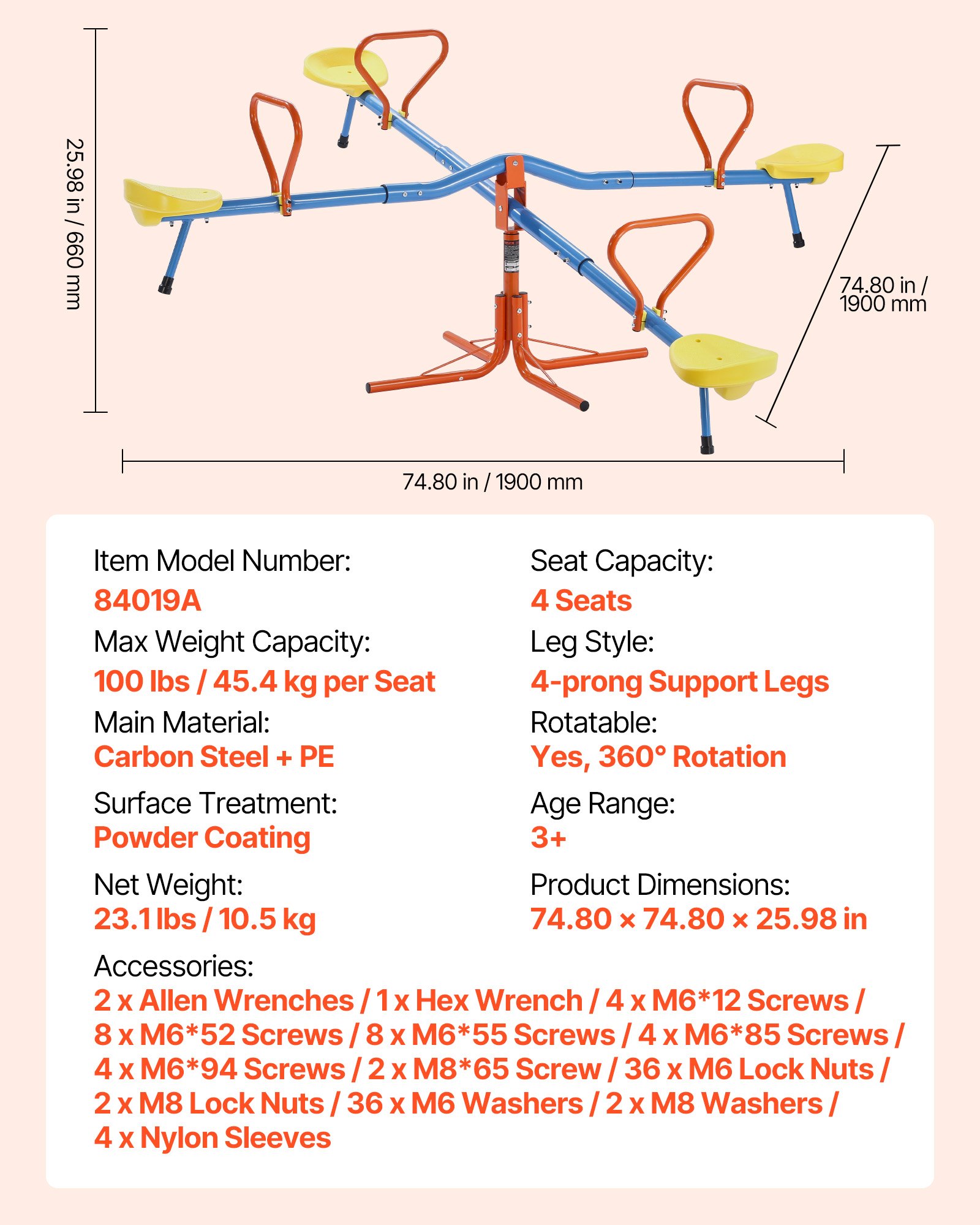 VEVOR Kinderwippe, 45,4 kg Tragkraft pro Sitz, Gartenwippe mit 4-zackigen Stützbeinen, Karussellwippe, 360 Grad drehbar, für Kinder ab 3 Jahren, 4 Sitze Schaukelwippe, 190x190x66 cm