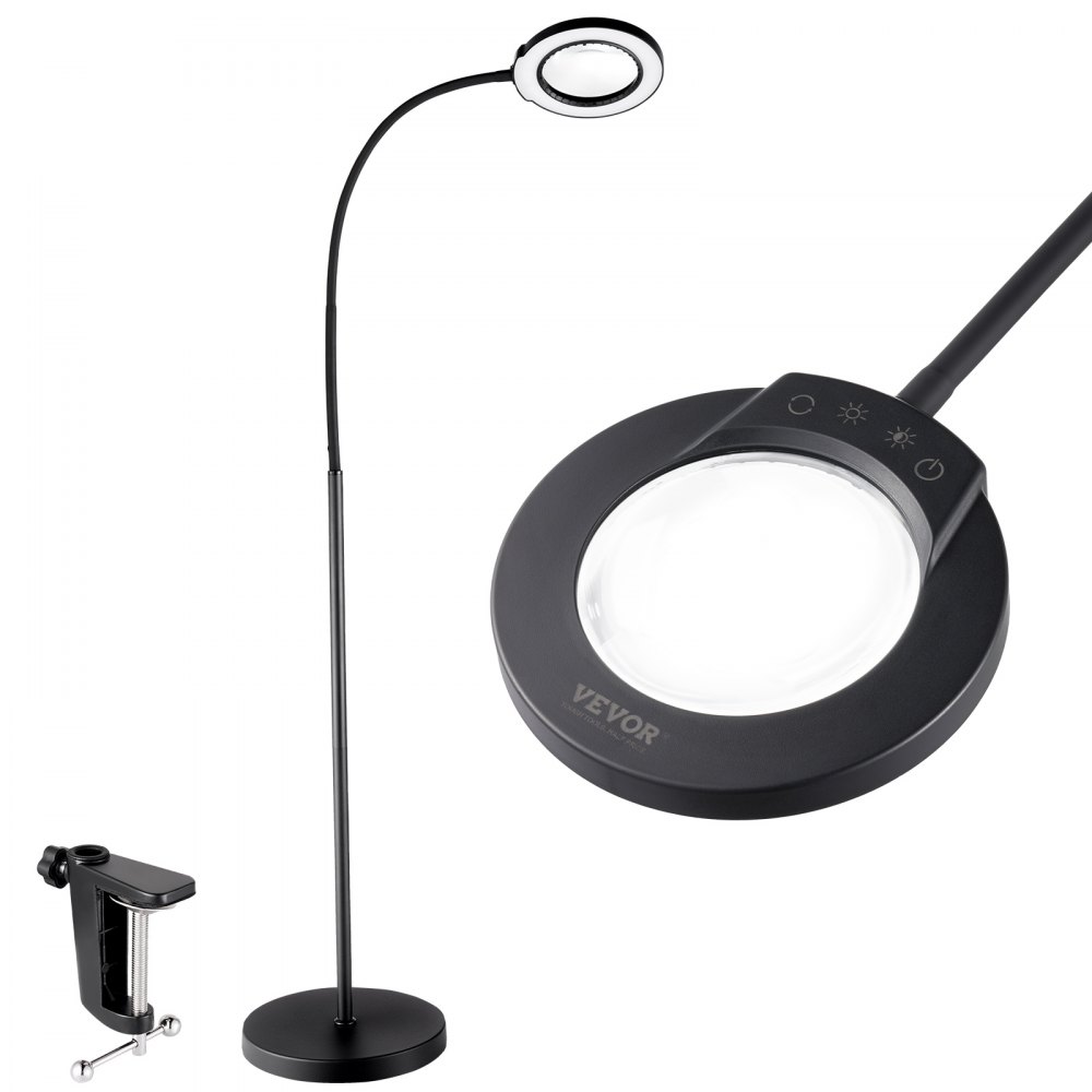 VEVOR Bodenlupe Standlupe 5-fache Standlupe mit Licht, höhenverstellbare Standlupe mit Licht, 12 W flexibler Schwanenhals, 3-in-1-LED 5 Farbmodi, Lupenleuchte für Lesen Senioren Hobbys Basteln
