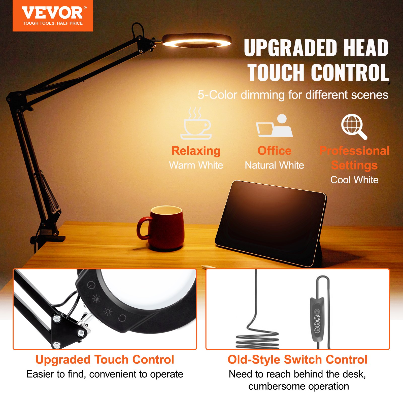 VEVOR 64 LED Lupenleuchte Lupenlampe Arbeitsleuchte mit Ständer Arbeitsplatzlampe Tischlampe 5xVergrößerung, 5-Farben-Dimmung, 110mm Glaslinse, Smart-Head-Touch-Control Ideal zum Arbeiten Lernen Lesen