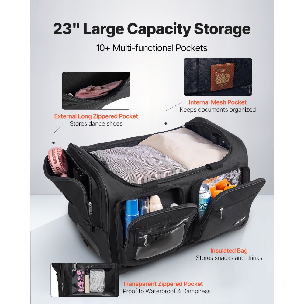 VEVOR Tanztasche mit Kleiderständer, 620x450x380 mm Rollkoffer, mit Rollen, USB-Anschluss, höhenverstellbarer Kleiderstange & Sichtschutzvorhang, ideal für Reisen & Wettkämpfe, Mattschwarz