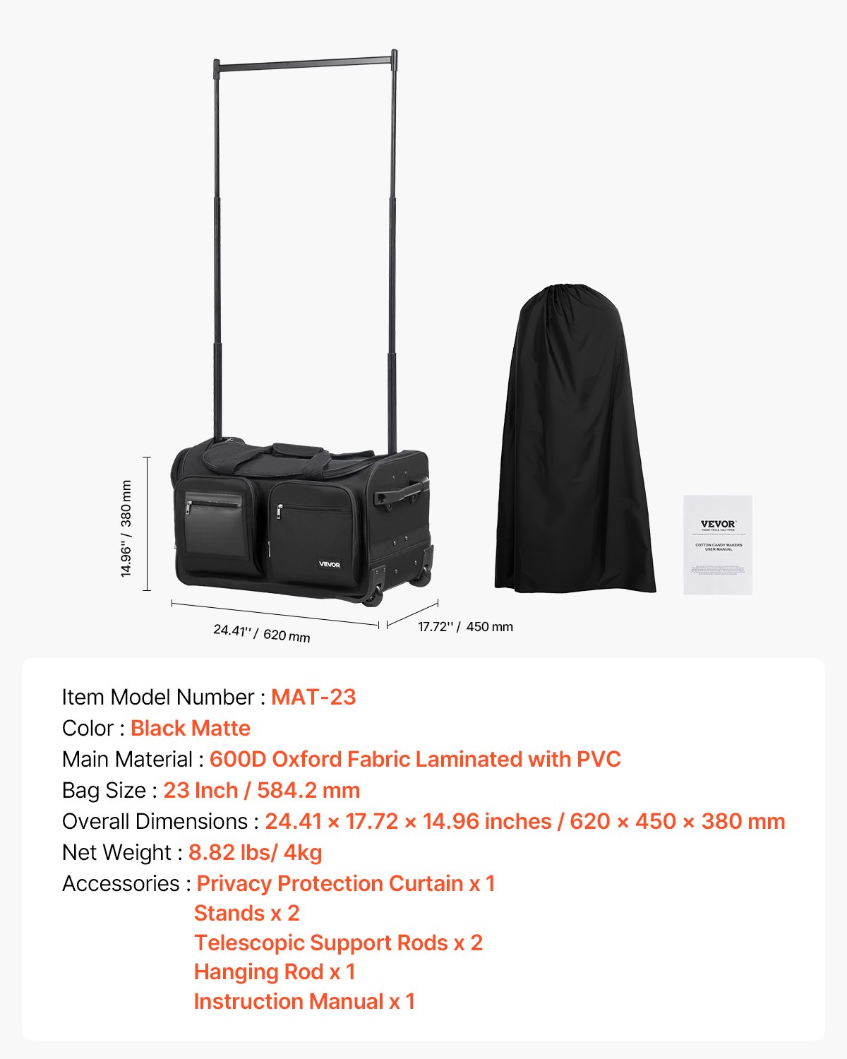 VEVOR Tanztasche mit Kleiderständer 620x450x380 mm, Rollgepäck mit USB-Anschluss und Sichtschutzvorhang, Rolltasche für einfache Lagerung, ideal für Reisen und Wettkämpfe, Mattschwarz
