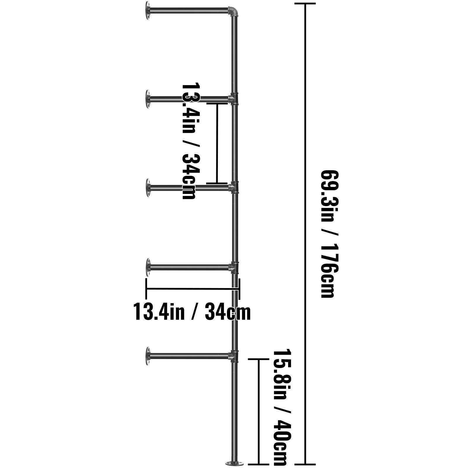 VEVOR 3 Stk. Retro Industrial Wandhalterung Eisen Regal Rohre 34x176 cm Rohr Regal 5 Stufen industrielle Wandregal insgesamt 100 kg Tragfähigkeit ideal für Küche Bad Schlafzimmer Wohnzimmer Büro