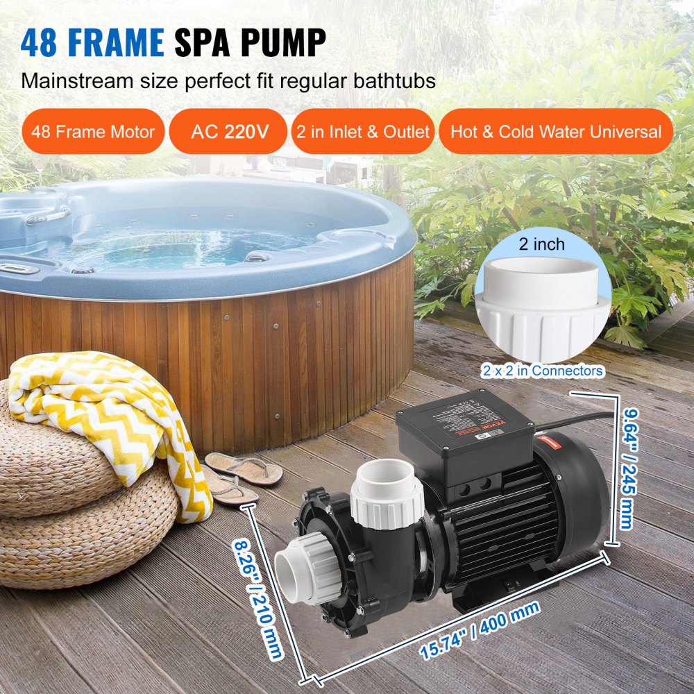 VEVOR 2-Gang-SPA-Pumpe, 48-Rahmen, Whirlpool-SPA-Pumpe mit zwei Geschwindigkeiten, 1100 W / 35 m³/h / 13 m hohe Geschwindigkeit oder 250 W / 14 m³/h / 2,8 m niedrige Geschwindigkeit, 2-Zoll-Anschluss, 90° drehbare Schnittstelle für Whirlpool, TÜV-Zertifizierung