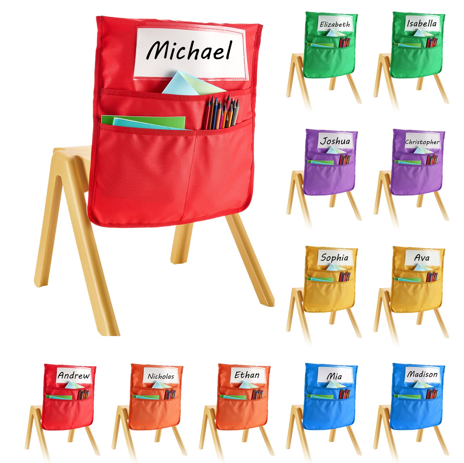 VEVOR Klassenzimmerstuhltasche, 12er-Pack, 43x48 cm, Rückenlehnentasche mit Namensschild, 6 Farben, Stuhlrücken-Organizer für Kinder im Klassenzimmer, Kindergarten, in der Schule & zu Hause