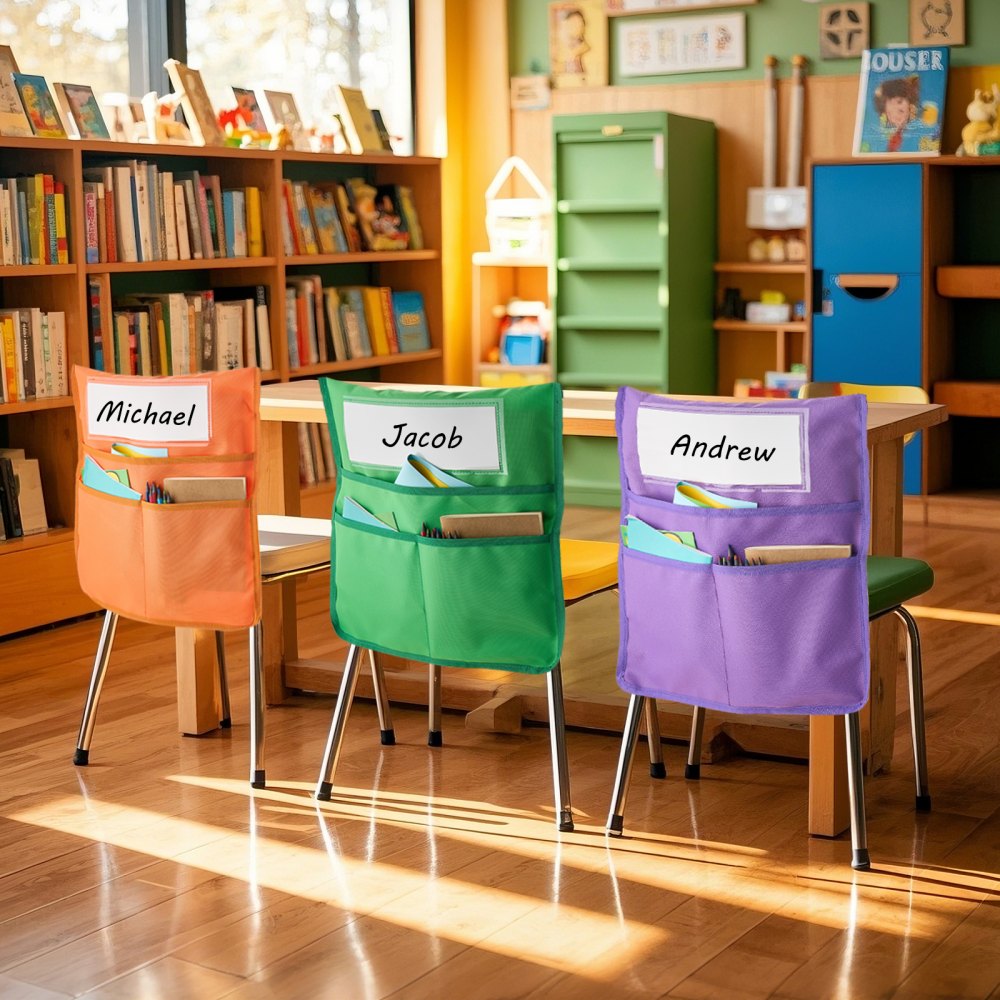 VEVOR Klassenzimmerstuhltasche, 24er-Pack, 47x51 cm, Rückenlehnentasche mit Namensschild, 6 Farben, Stuhlrücken-Organizer für Kinder im Klassenzimmer, Kindergarten, in der Schule und zu Hause