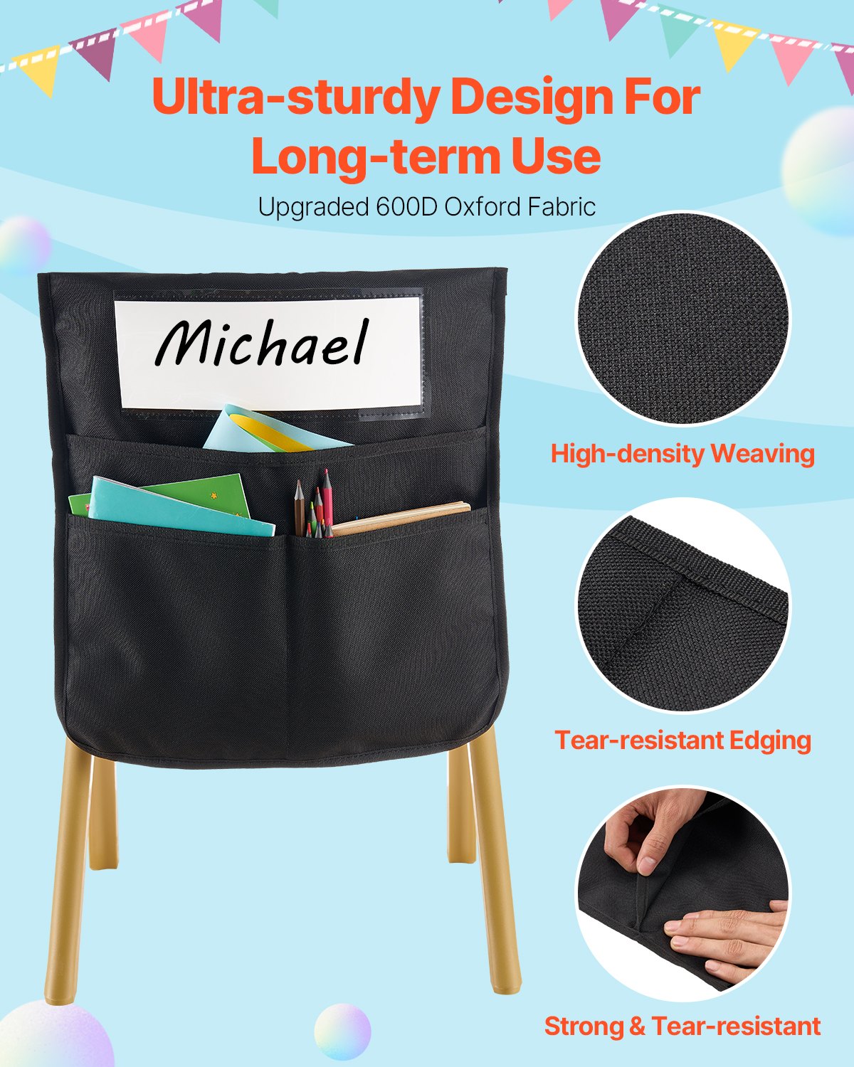 VEVOR Classroom Chair Organizer, 24-Pack, 36x38 cm, Backrest Bag with Name Tag, Chair Back Organizer for Children in the Classroom, Kindergarten, School & Home, Black