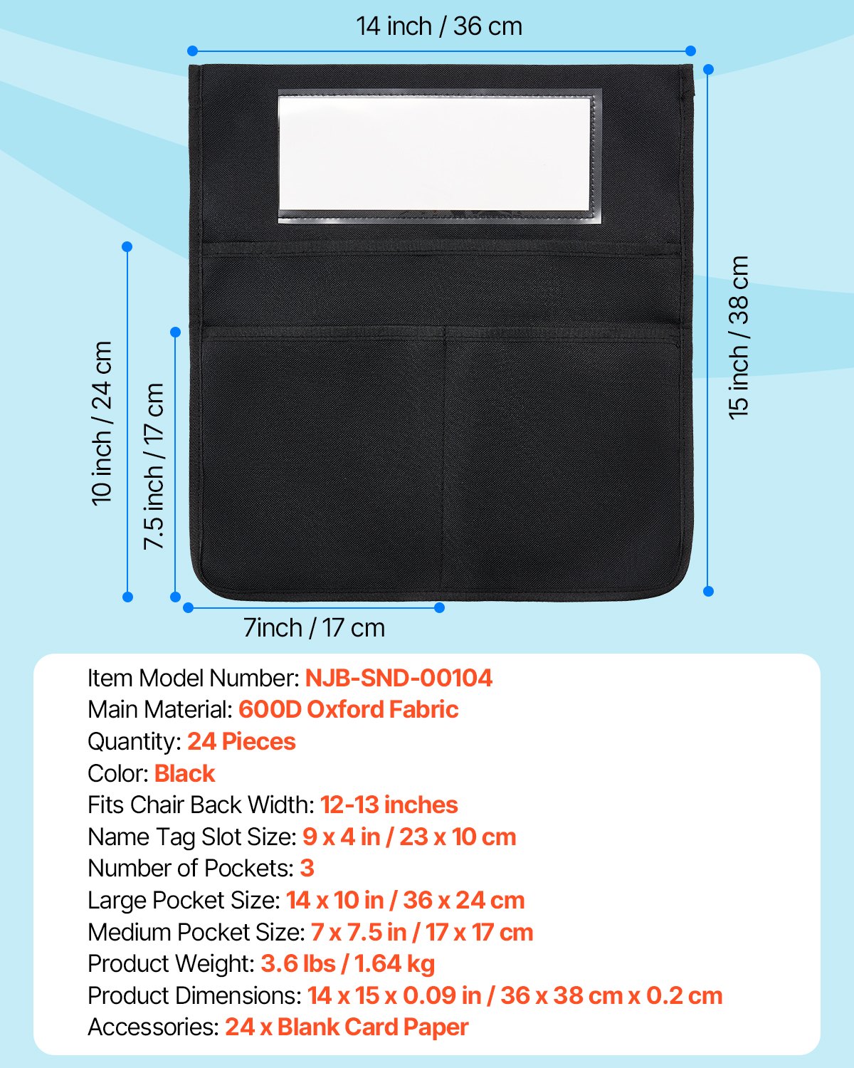 VEVOR Classroom Chair Organizer, 24-Pack, 36x38 cm, Backrest Bag with Name Tag, Chair Back Organizer for Children in the Classroom, Kindergarten, School & Home, Black