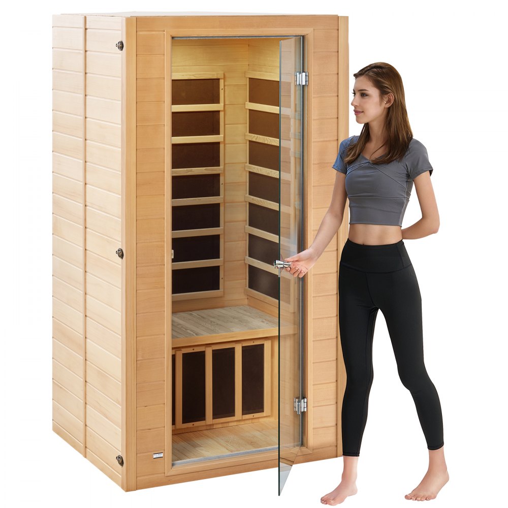 VEVOR Ferninfrarot-Holzsauna, Sauna-Spa für Zuhause für 1 bis 2 Personen, Niedrige EMF-Ferninfrarot-Sauna aus Hemlockholz mit gehärteter Glastür & mehrfarbiger Lampe & Bluetooth-Lautsprecher & Farblichttherapie,