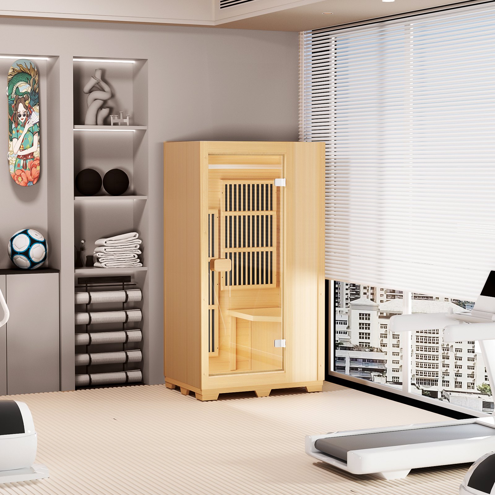 VEVOR Ferninfrarot-Holzsauna, Sauna-Spa für zu Hause im Zimmer für eine einzelne Person, Niedrige EMF-Ferninfrarot-Sauna aus Hemlockholz mit gehärteter Glastür & LED-Leselampe & Bluetooth-Lautsprecher