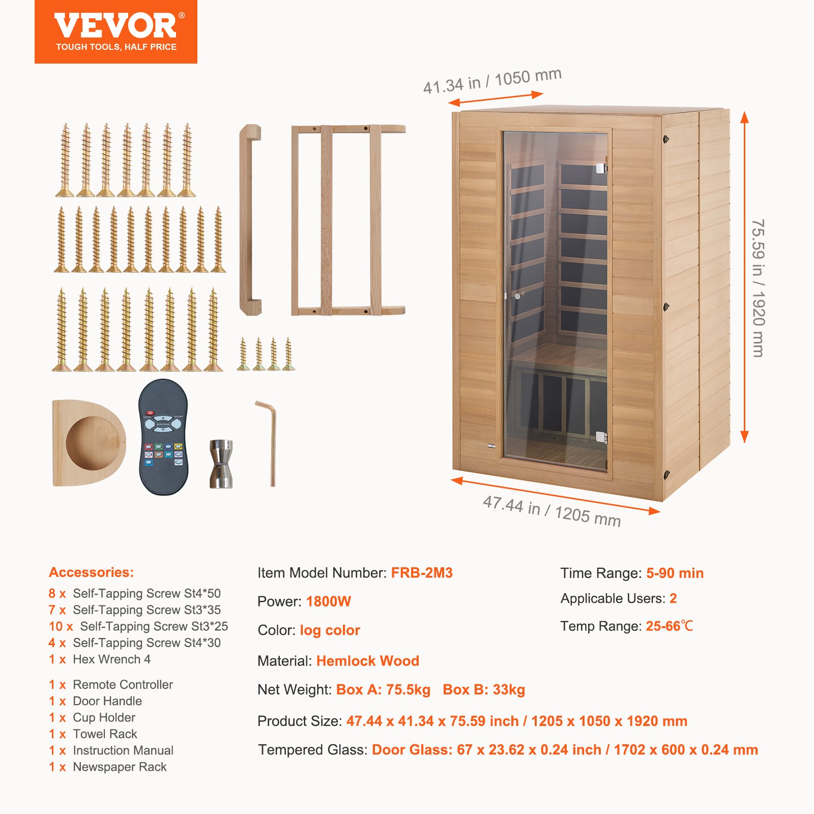 VEVOR 2-Personen-Ferninfrarotsauna, Heimsaunakabine aus Infrarot-Hemlockholz mit niedrigem EMF und gehärteter Glastür, Bluetooth-Lautsprecher, für den Innenbereich, 1800 W