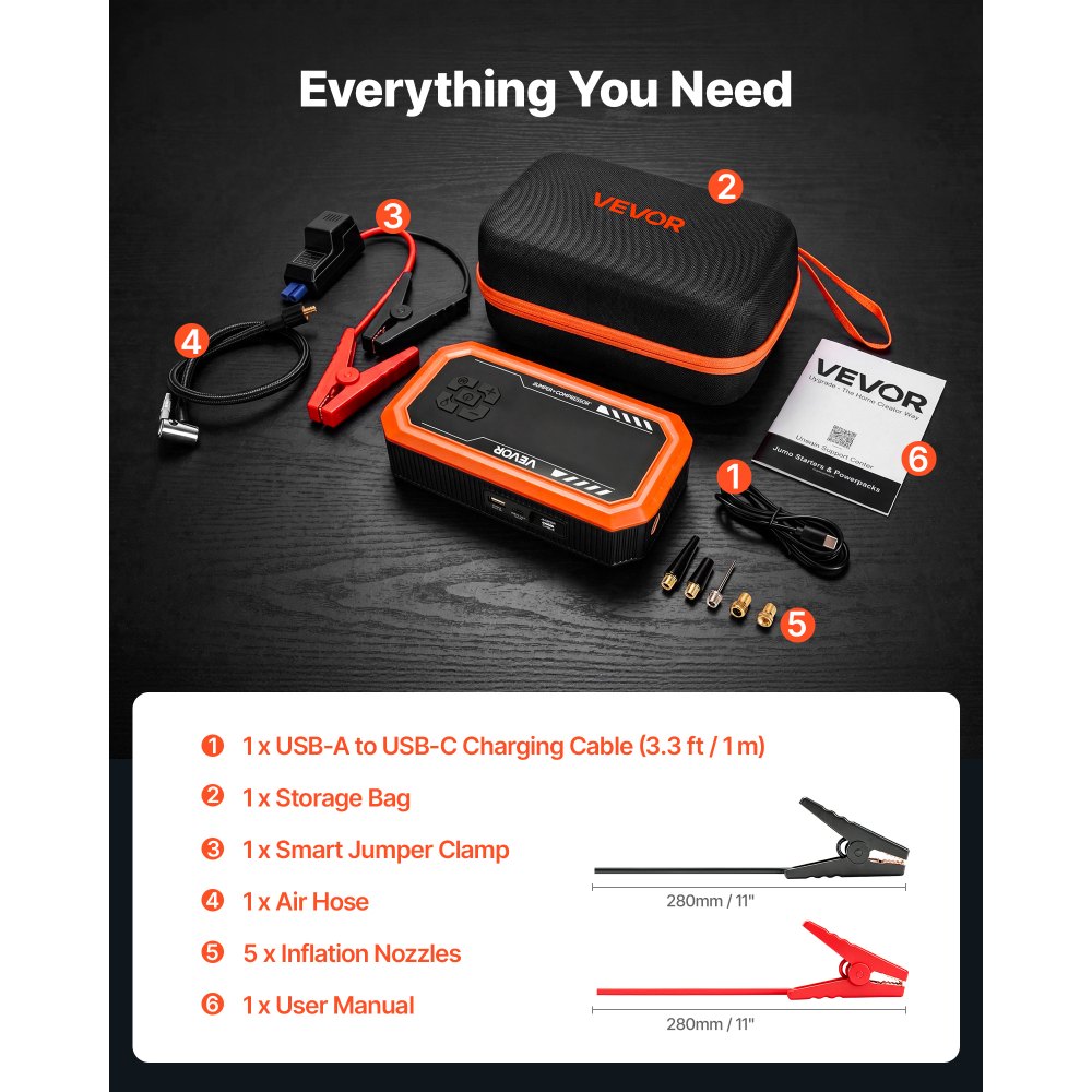 VEVOR Starthilfe Powerbank 3000 A Tragbares Starthilfegerät Starter Booster für 9 L Benzin und 6,5 L Dieselmotoren, 150 psi Reifendruck, LED-Taschenlampe, Automatische Abschaltung und 12 V Ladegerät