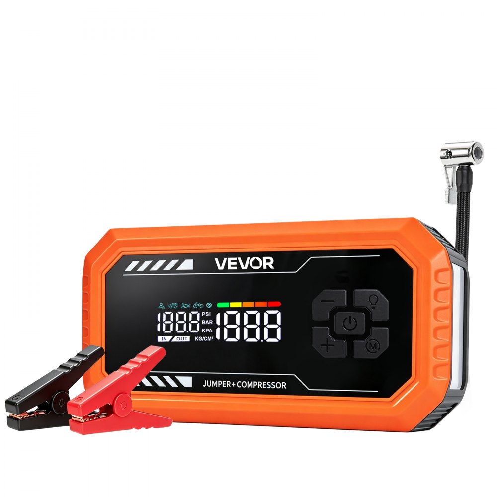 VEVOR Starthilfe Powerbank 3000 A Tragbares Starthilfegerät Starter Booster für 9 L Benzin und 6,5 L Dieselmotoren, 150 psi Reifendruck, LED-Taschenlampe, Automatische Abschaltung und 12 V Ladegerät
