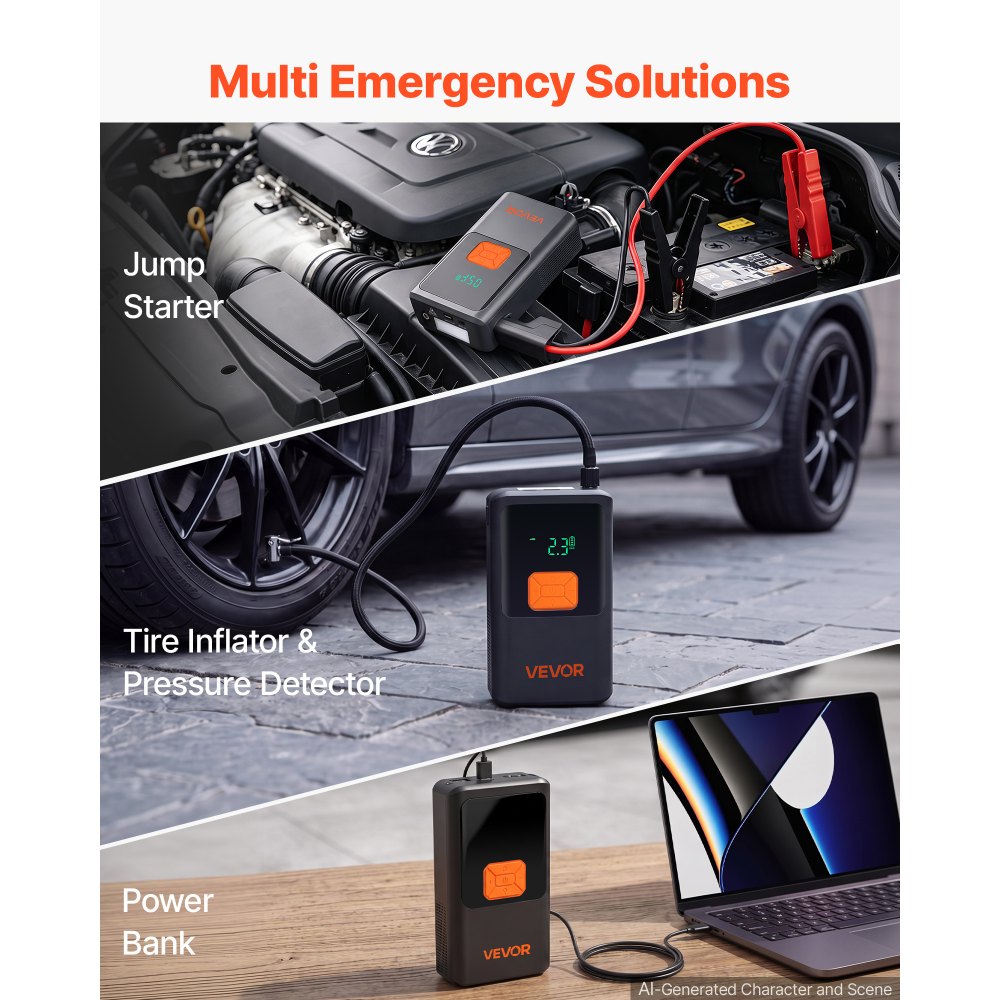 VEVOR Starthilfe Powerbank 4000 A Tragbarer Starthilfegerät Starter Booster für 9 L Benzin & 8 L Dieselmotoren, 150 psi Reifendruck, LED-Taschenlampe, ABS-PC-Gehäuse, Verpolungs- und Kurzschlussschutz