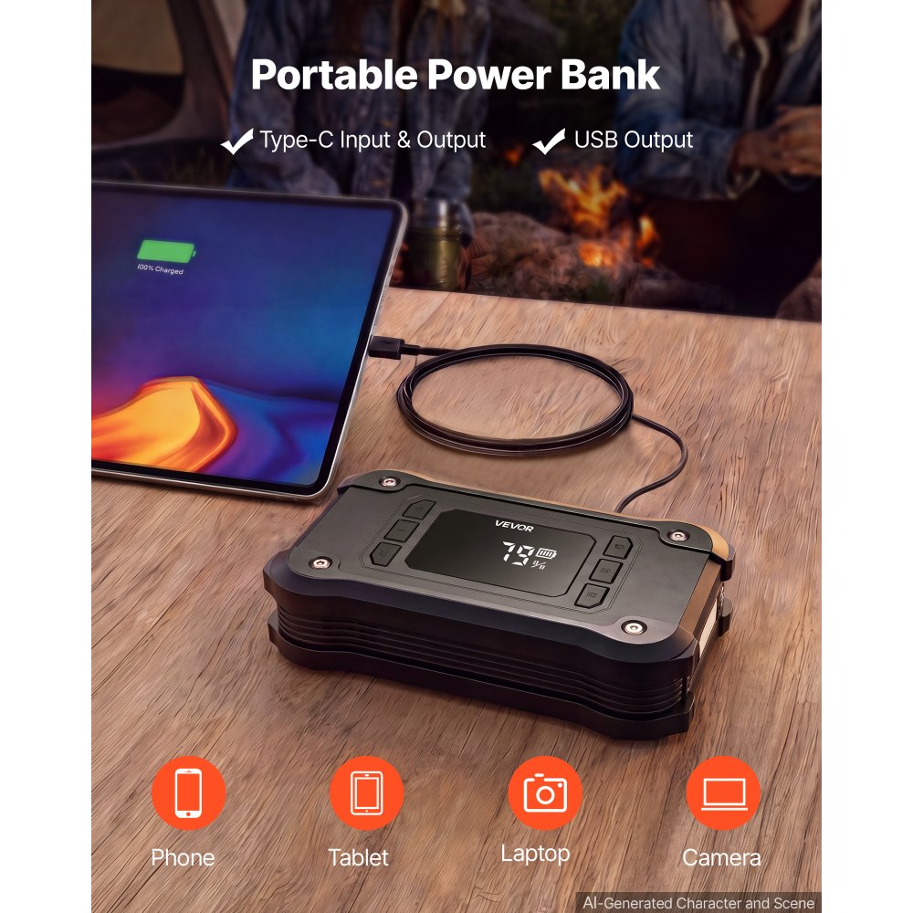 VEVOR Starthilfe Powerbank mit Luftkompressor 8000 A Spitzenleistung Schwarz für 9,0-L-Benzin- / 8,0-L-Dieselmotoren, 150 psi Reifendruck, Automatische Abschaltung, 12-V-Ladegerät und LED-Taschenlampe