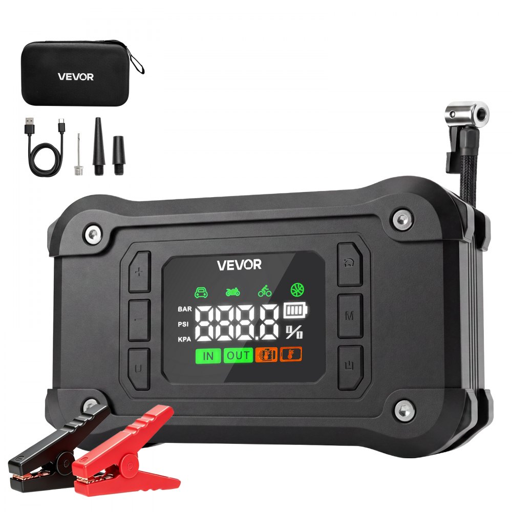 VEVOR Starthilfe Powerbank mit Luftkompressor 8000 A Spitzenleistung Schwarz für 9,0-L-Benzin- / 8,0-L-Dieselmotoren, 150 psi Reifendruck, Automatische Abschaltung, 12-V-Ladegerät und LED-Taschenlampe