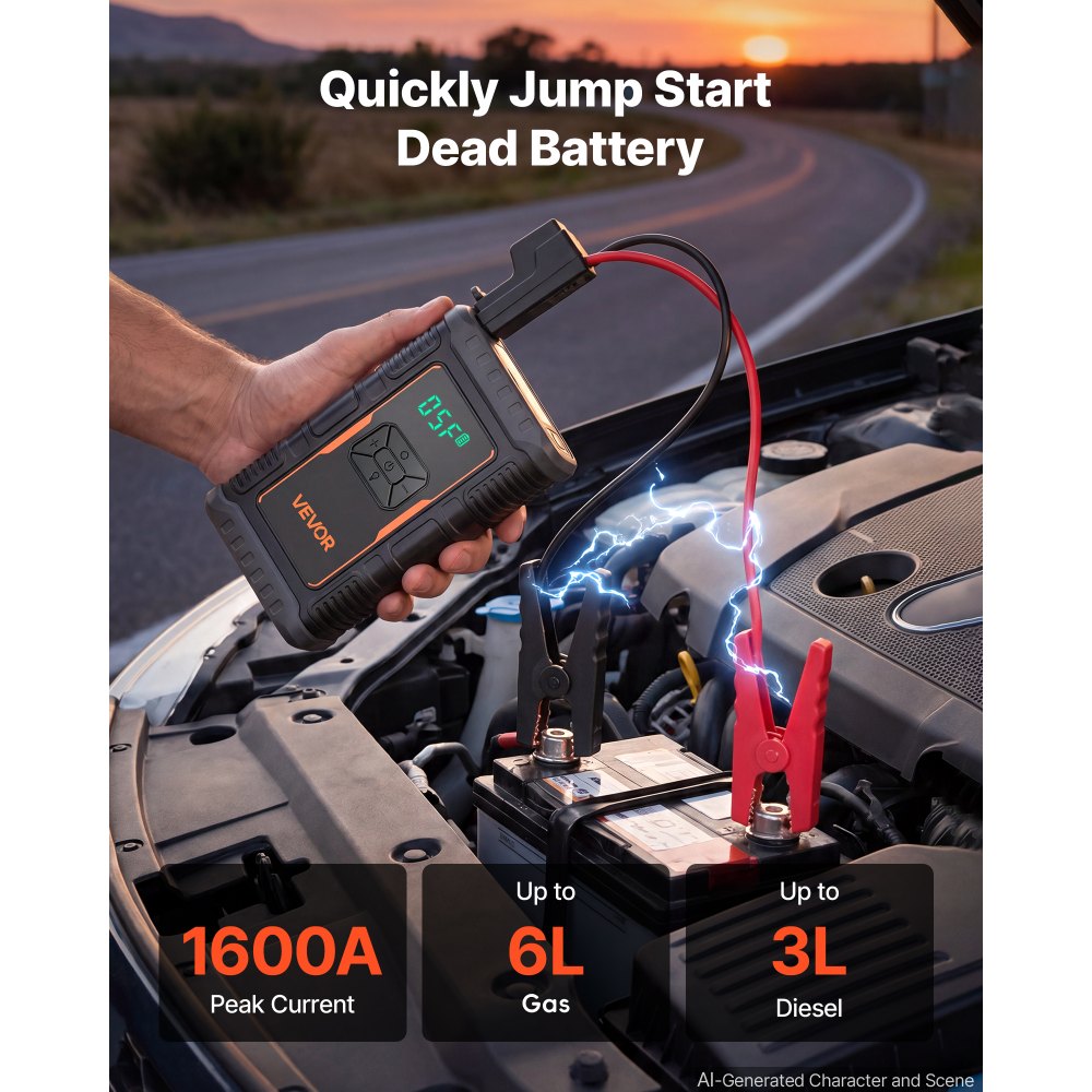 VEVOR Starthilfe Powerbank mit Luftkompressor 1600 A Spitzenleistung für 6,0-L-Benzin- / 3,0-L-Dieselmotoren, 150 psi Reifendruck, Automatische Abschaltung, 12-V-Ladegerät und LED-Taschenlampe