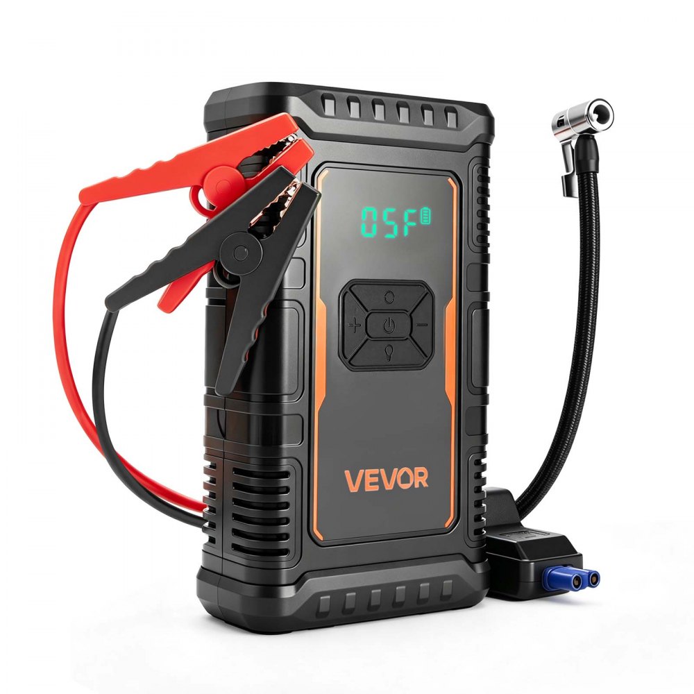 VEVOR Starthilfe Powerbank mit Luftkompressor 1600 A Spitzenleistung für 6,0-L-Benzin- / 3,0-L-Dieselmotoren, 150 psi Reifendruck, Automatische Abschaltung, 12-V-Ladegerät und LED-Taschenlampe