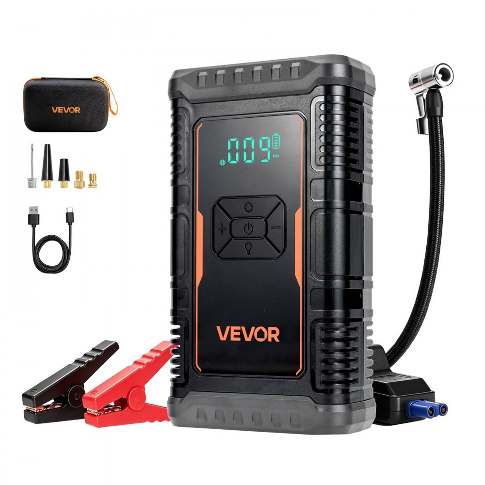 VEVOR Starthilfe Powerbank mit Luftkompressor 1600 A Spitzenleistung für 6,0-L-Benzin- / 3,0-L-Dieselmotoren, 150 psi Reifendruck, Automatische Abschaltung, 12-V-Ladegerät und LED-Taschenlampe