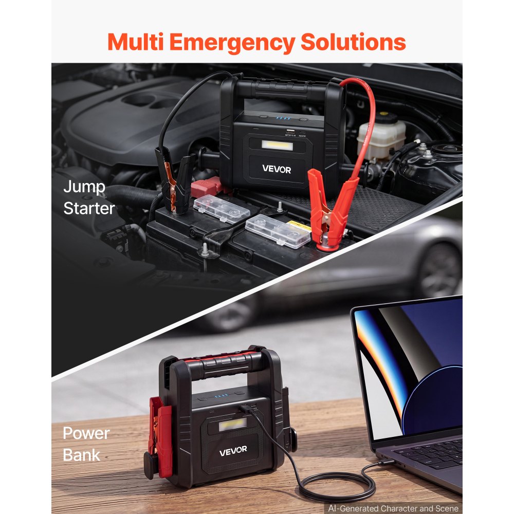 VEVOR Starthilfe Powerbank 6000 A Spitzenleistung 12 V Tragbar Schwarz Starthilfegerät für Benzin- und Dieselfahrzeuge bis 10 L, 3-Modus-LED-Notfalltaschenlampe, USB-Ausgang, Gehäuse aus ABS & PC