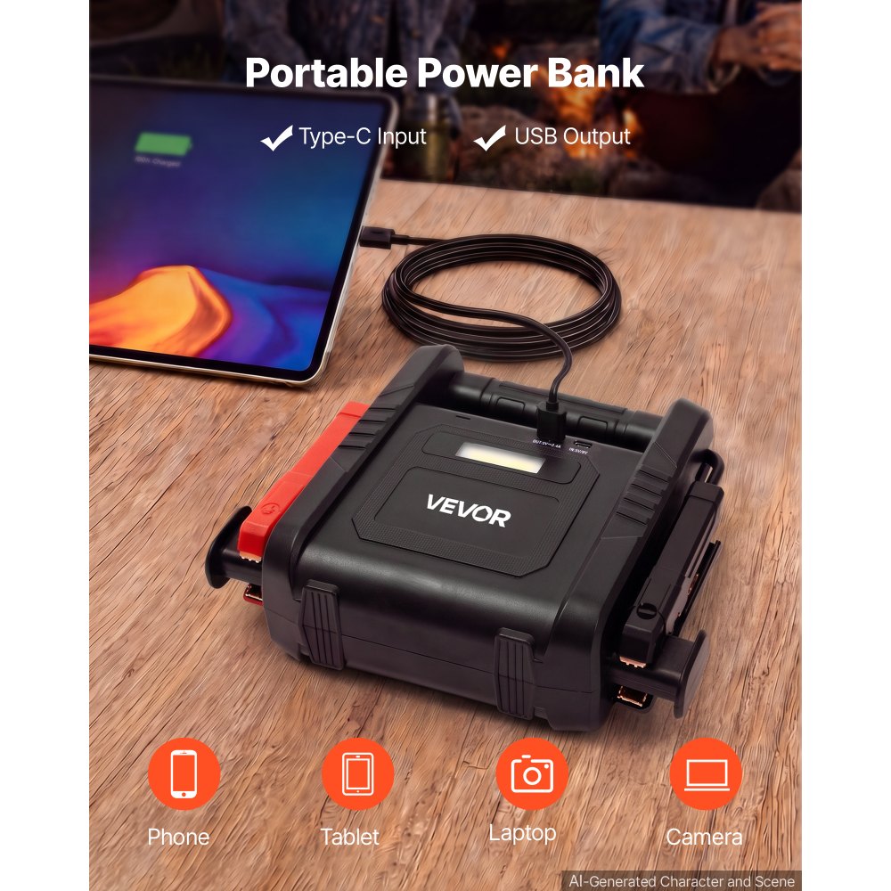 VEVOR Starthilfe Powerbank 6000 A Spitzenleistung 12 V Tragbar Schwarz Starthilfegerät für Benzin- und Dieselfahrzeuge bis 10 L, 3-Modus-LED-Notfalltaschenlampe, USB-Ausgang, Gehäuse aus ABS & PC