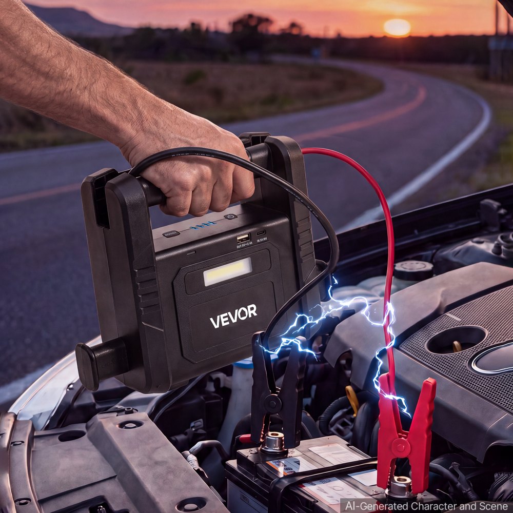 VEVOR Starthilfe Powerbank 6000 A Spitzenleistung 12 V Tragbar Schwarz Starthilfegerät für Benzin- und Dieselfahrzeuge bis 10 L, 3-Modus-LED-Notfalltaschenlampe, USB-Ausgang, Gehäuse aus ABS & PC