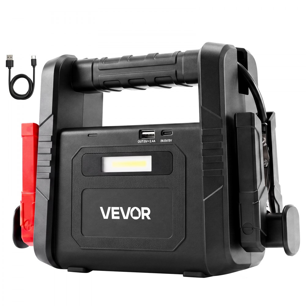 VEVOR Starthilfe Powerbank 6000 A Spitzenleistung 12 V Tragbar Schwarz Starthilfegerät für Benzin- und Dieselfahrzeuge bis 10 L, 3-Modus-LED-Notfalltaschenlampe, USB-Ausgang, Gehäuse aus ABS & PC
