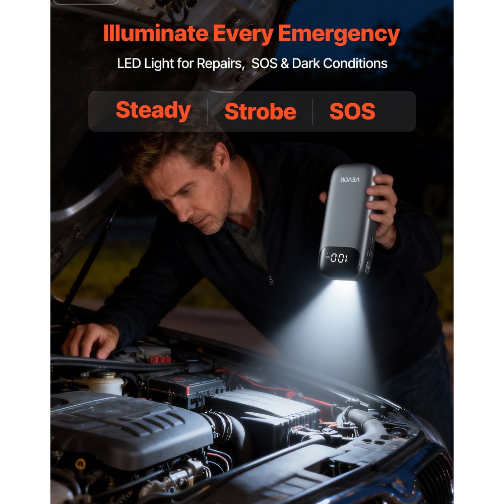 VEVOR Starthilfe Powerbank, Starthilfegerät 6000A Spitzenstrom mit LED-Taschenlampe & Kabel für Motor bis zu 10L Diesel/Benzin, Autobatterie Booster mit Schnellladung & Sicherheitsschutz für Notfall