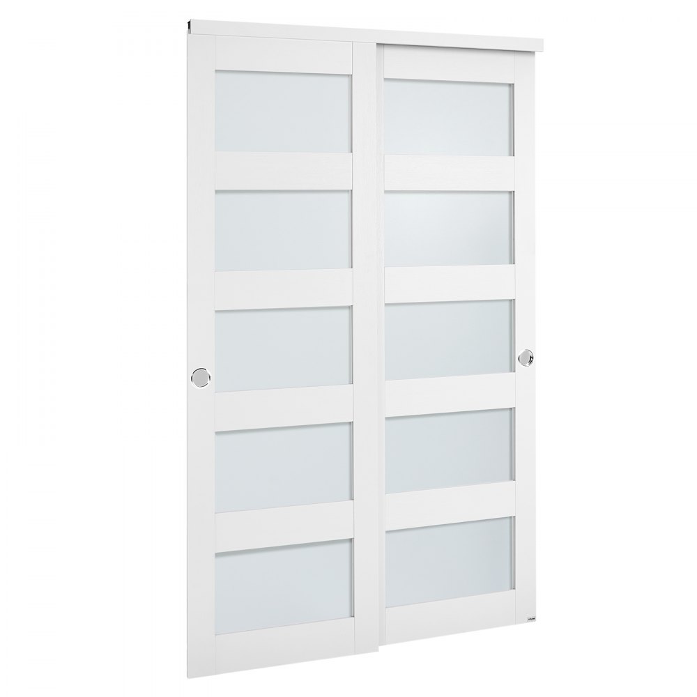 VEVOR Schiebetür 1219 mm x 2032 mm (passende Öffnungsgröße), Bypass-Schiebetüren aus Milchglas mit Hardware-Kit, Massivholz & MDF-Platte mit wasserfester PVC-Oberfläche für Schränke Weiß