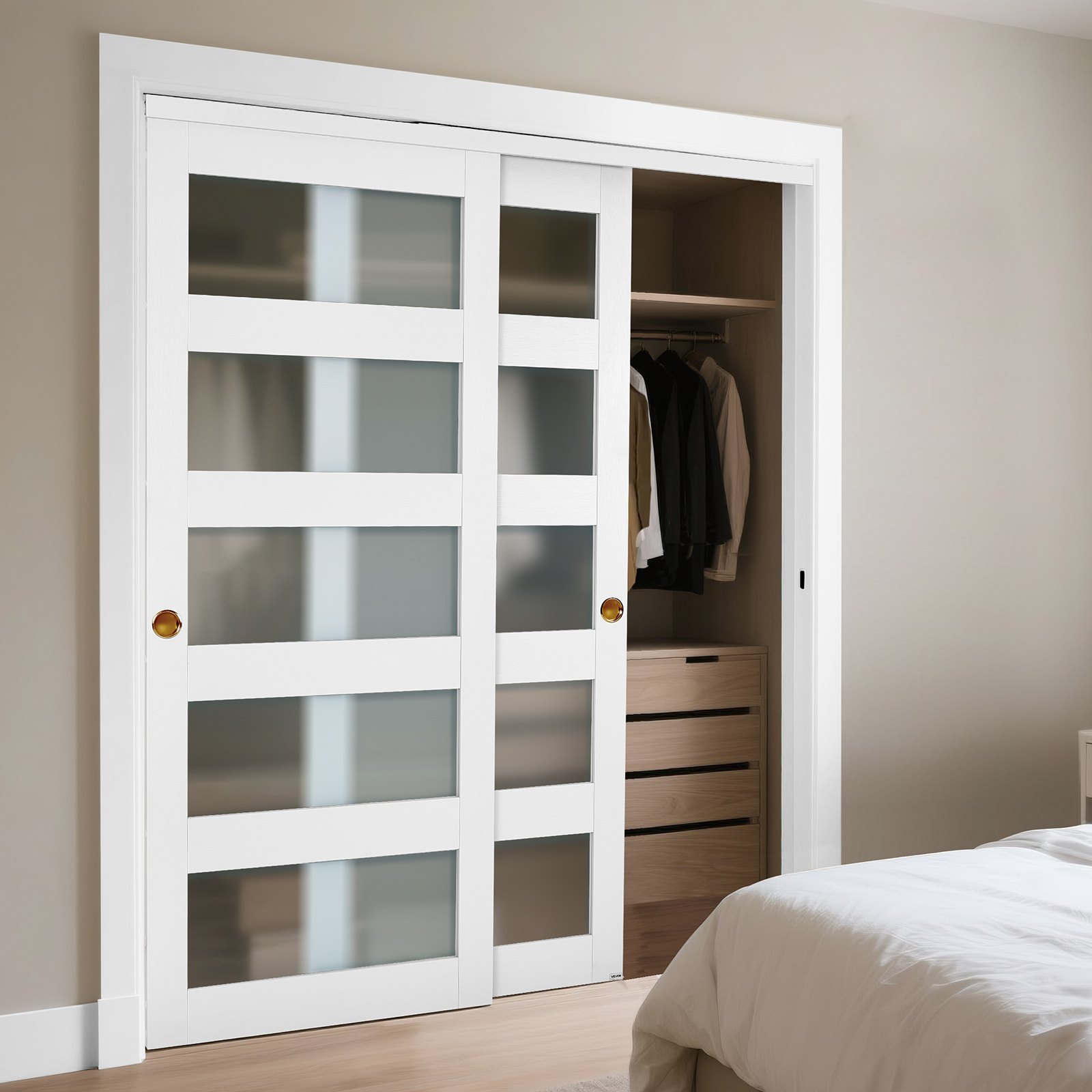 VEVOR Schiebetür 1524 mm x 2032 mm (passende Öffnungsgröße), Bypass-Schiebetüren aus Milchglas mit Hardware-Kit, Massivholz & MDF-Platte mit wasserfester PVC-Oberfläche für Schränke Weiß