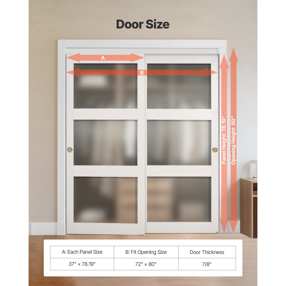 VEVOR Schiebetür 1829 mm x 2032 mm (passende Öffnungsgröße), Bypass-Schiebetüren aus Milchglas mit Hardware-Kit, Massivholz & MDF-Platte mit wasserfester PVC-Oberfläche für Schränke Weiß