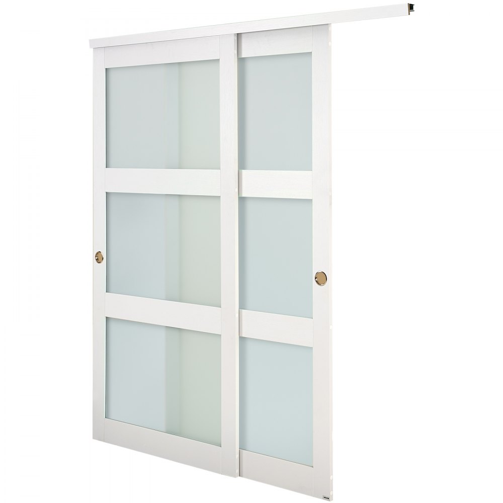 VEVOR Schiebetür 1829 mm x 2032 mm (passende Öffnungsgröße), Bypass-Schiebetüren aus Milchglas mit Hardware-Kit, Massivholz & MDF-Platte mit wasserfester PVC-Oberfläche für Schränke Weiß
