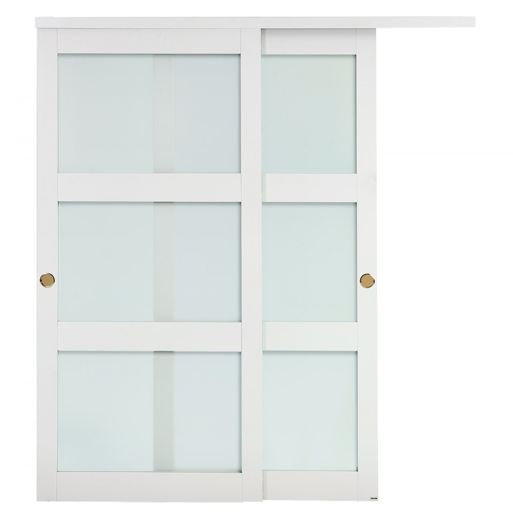 VEVOR Schiebetür 1829 mm x 2032 mm (passende Öffnungsgröße), Bypass-Schiebetüren aus Milchglas mit Hardware-Kit, Massivholz & MDF-Platte mit wasserfester PVC-Oberfläche für Schränke Weiß