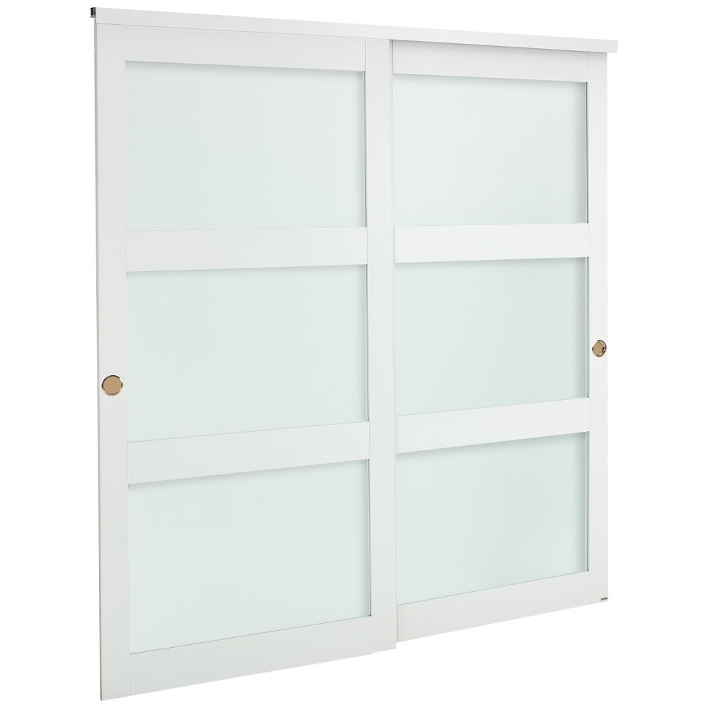 VEVOR Schiebetür 1829 mm x 2032 mm (passende Öffnungsgröße), Bypass-Schiebetüren aus Milchglas mit Hardware-Kit, Massivholz & MDF-Platte mit wasserfester PVC-Oberfläche für Schränke Weiß