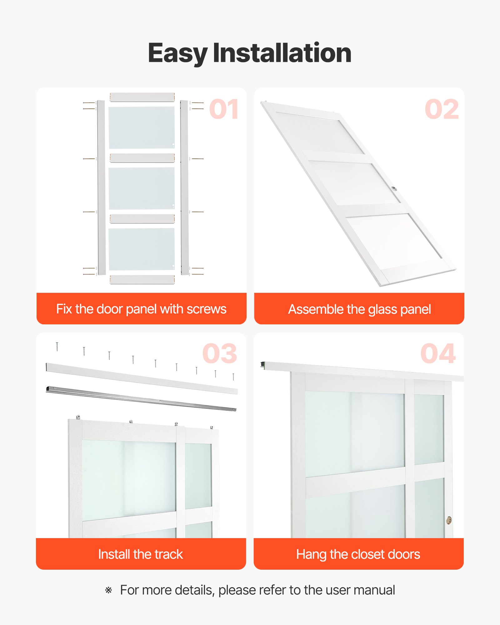 VEVOR Schiebetür 1829 mm x 2032 mm (passende Öffnungsgröße), Bypass-Schiebetüren aus Milchglas mit Hardware-Kit, Massivholz & MDF-Platte mit wasserfester PVC-Oberfläche für Schränke Weiß