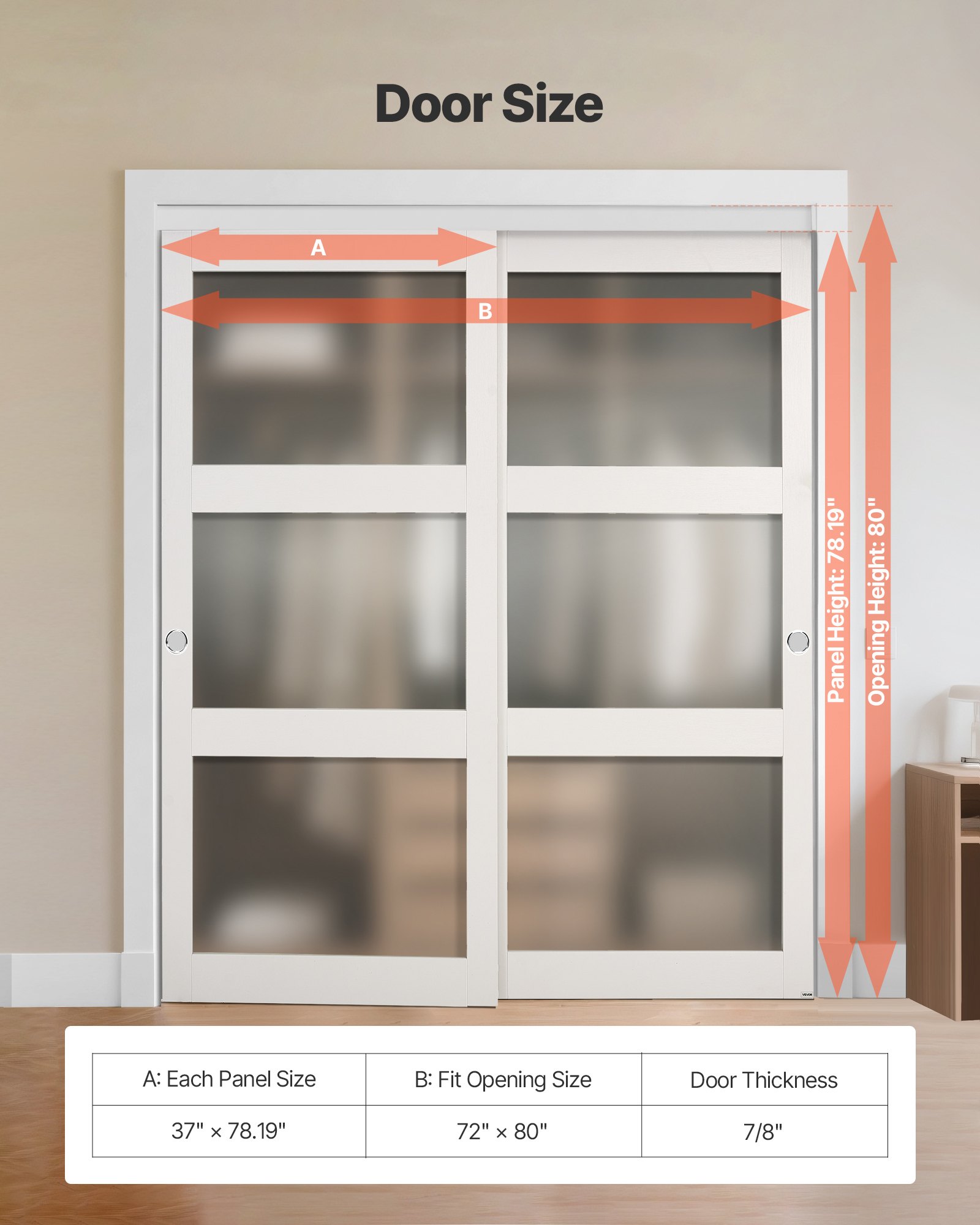 VEVOR Schiebetür 1829 mm x 2032 mm (passende Öffnungsgröße), Bypass-Schiebetüren aus Milchglas mit Hardware-Kit, Massivholz & MDF-Platte mit wasserfester PVC-Oberfläche für Schränke Weiß