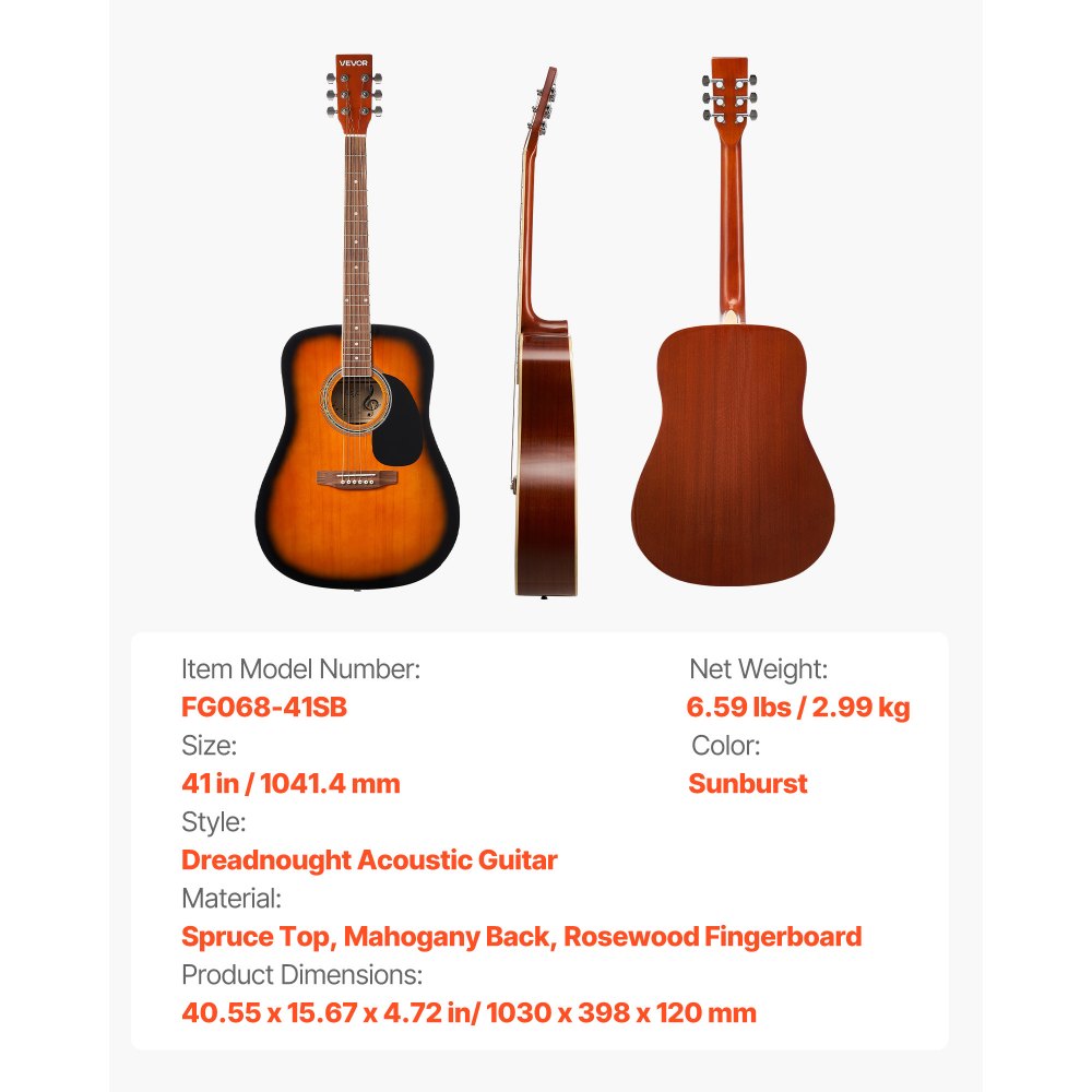 VEVOR Dreadnought Akustik Gitarre 41 in / 1041,4 mm Anfängerpaket Erwachsene Sunburst