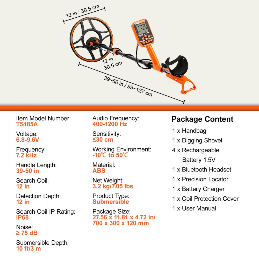 VEVOR Metalldetektor Profi, Metal Detector mit 30 cm Suchspule, 7 Mode, IP68 Tauchtiefe bis zu 3 m Goldsucher mit Verstellbarem Griff Golddetektor inkl. Bluetooth-Headset Präzisions-Ortungsgerät
