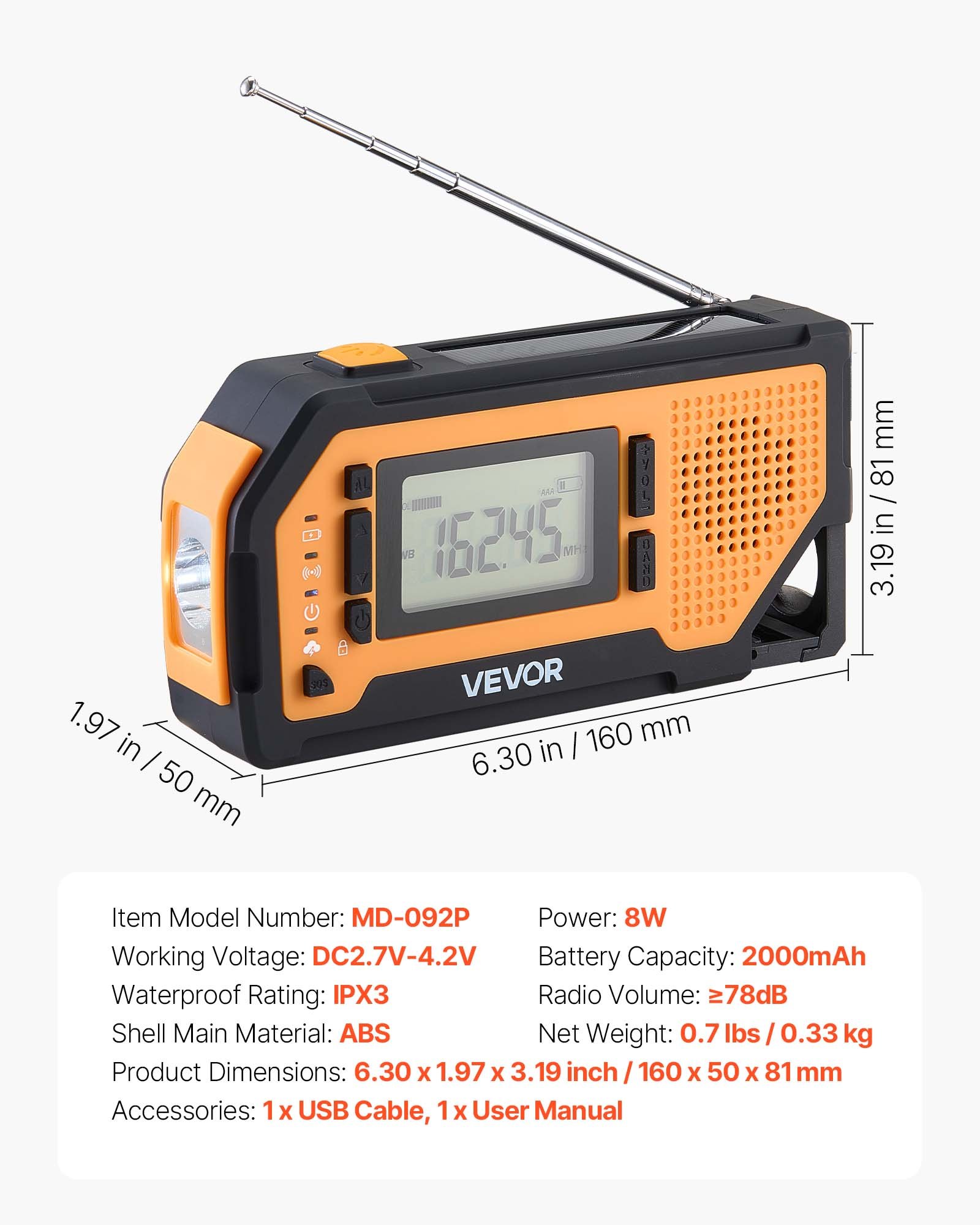 VEVOR Notfall Wetterradio Kurbelradio 2000 mAh Akku, FM/AM/WB/NOAA-Alarm, Solar-Notfallradio mit USB-Ladekabel & SOS-Alarm & Taschenlampe, SOS für Camping Notladung von Smartphone Gelb
