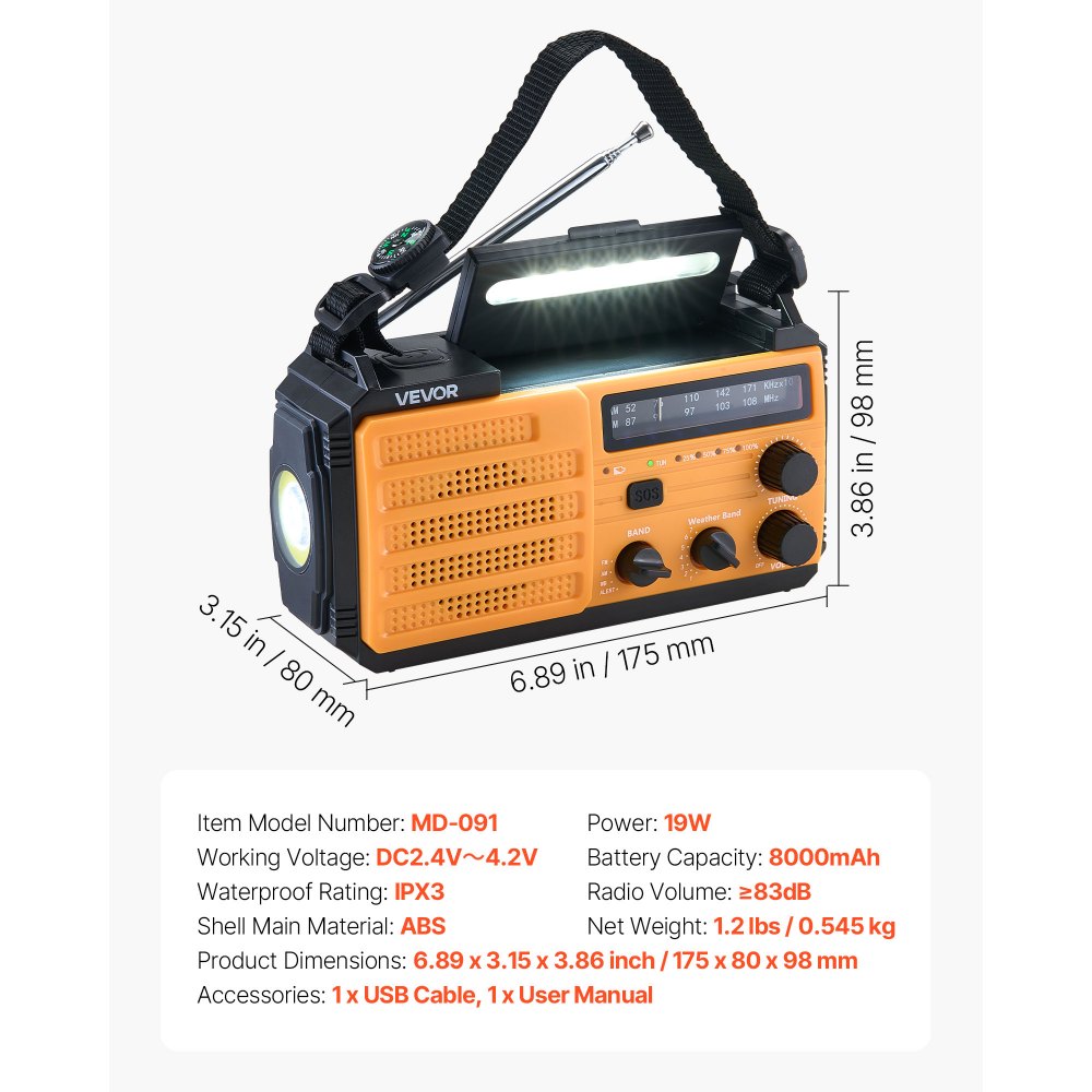 VEVOR Emergency Weather Radio, 8000mAh Battery, FM/AM/WB/NOAA Alert Solar Hand Crank Emergency Radio, Type-C Charging, USB Cable, SOS Alarm and Flashlight, Portable for Outdoor Emergencies, Camping