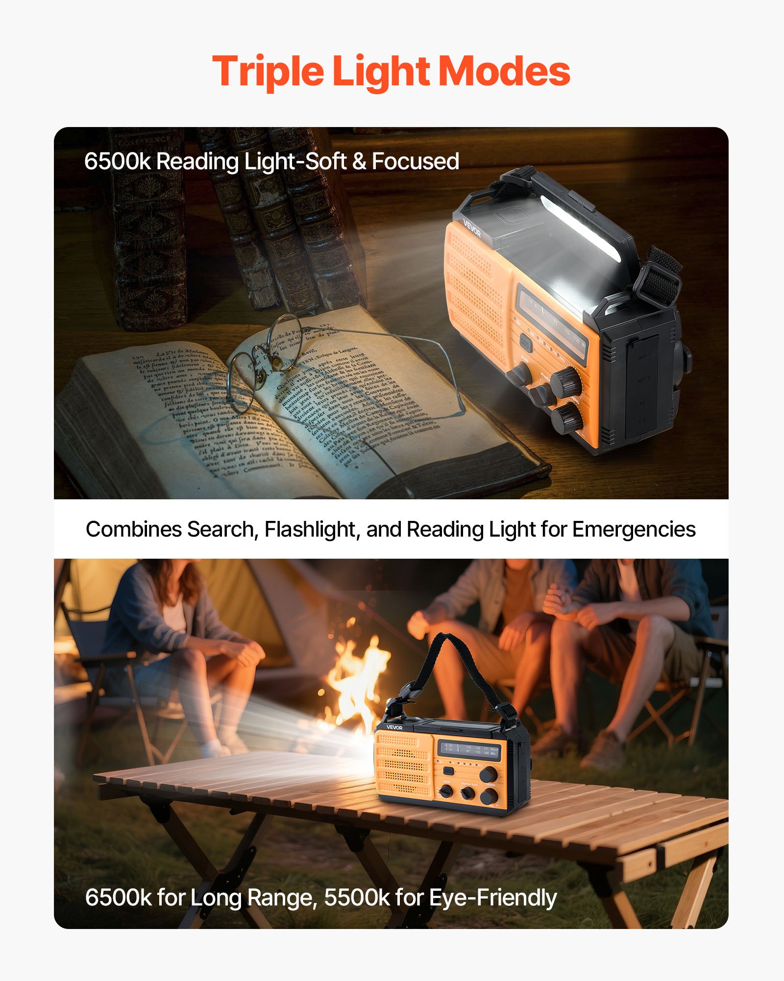 VEVOR Emergency Weather Radio, 8000mAh Battery, FM/AM/WB/NOAA Alert Solar Hand Crank Emergency Radio, Type-C Charging, USB Cable, SOS Alarm and Flashlight, Portable for Outdoor Emergencies, Camping