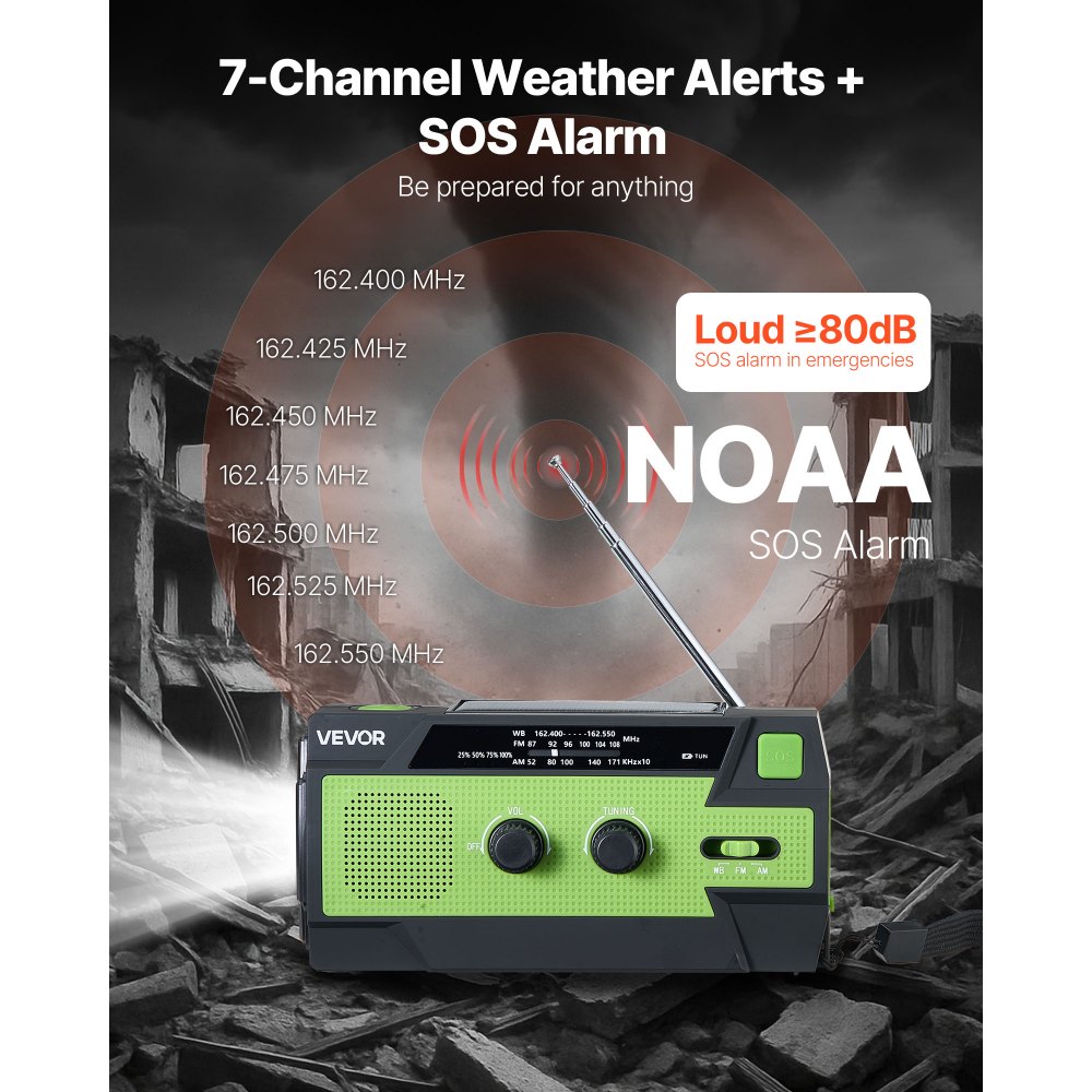 VEVOR Notfall Wetterradio Kurbelradio 4000 mAh Akku, FM/AM/WB/NOAA-Alarm, Solar-Notfallradio mit USB-Ladekabel & SOS-Alarm & Taschenlampe, SOS für Camping Notladung von Smartphone Grün
