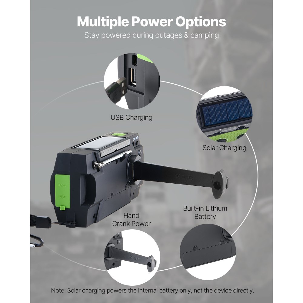 VEVOR Notfall Wetterradio Kurbelradio 4000 mAh Akku, FM/AM/WB/NOAA-Alarm, Solar-Notfallradio mit USB-Ladekabel & SOS-Alarm & Taschenlampe, SOS für Camping Notladung von Smartphone Grün