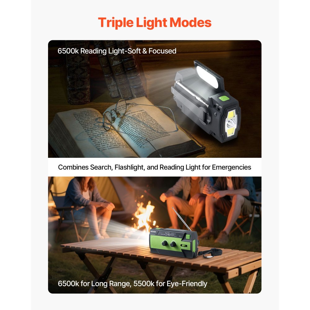 VEVOR Notfall Wetterradio Kurbelradio 4000 mAh Akku, FM/AM/WB/NOAA-Alarm, Solar-Notfallradio mit USB-Ladekabel & SOS-Alarm & Taschenlampe, SOS für Camping Notladung von Smartphone Grün