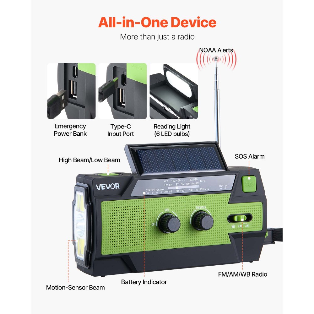 VEVOR Notfall Wetterradio Kurbelradio 4000 mAh Akku, FM/AM/WB/NOAA-Alarm, Solar-Notfallradio mit USB-Ladekabel & SOS-Alarm & Taschenlampe, SOS für Camping Notladung von Smartphone Grün