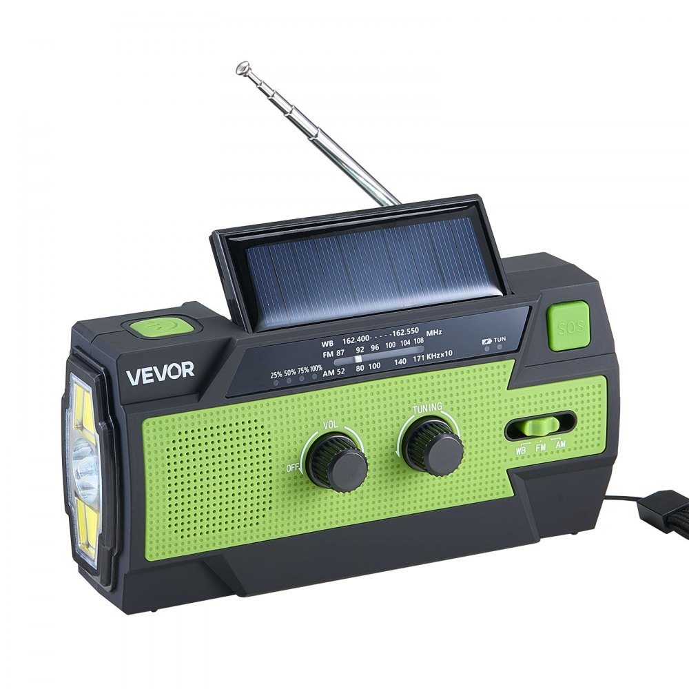VEVOR Notfall Wetterradio Kurbelradio 4000 mAh Akku, FM/AM/WB/NOAA-Alarm, Solar-Notfallradio mit USB-Ladekabel & SOS-Alarm & Taschenlampe, SOS für Camping Notladung von Smartphone Grün